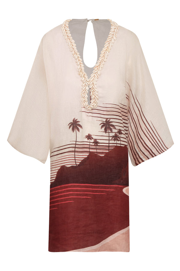 Andina Hand Embroidered Linen Mini Tunic / Red Tropical Landscape